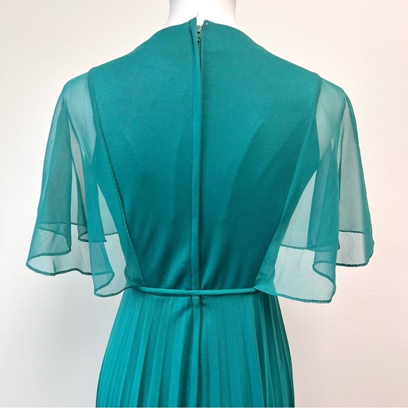 Vintage Mid Century Teal Chiffon Cape Pleated Formal Goddess Maxi Dress Gown - Picture 11 of 13